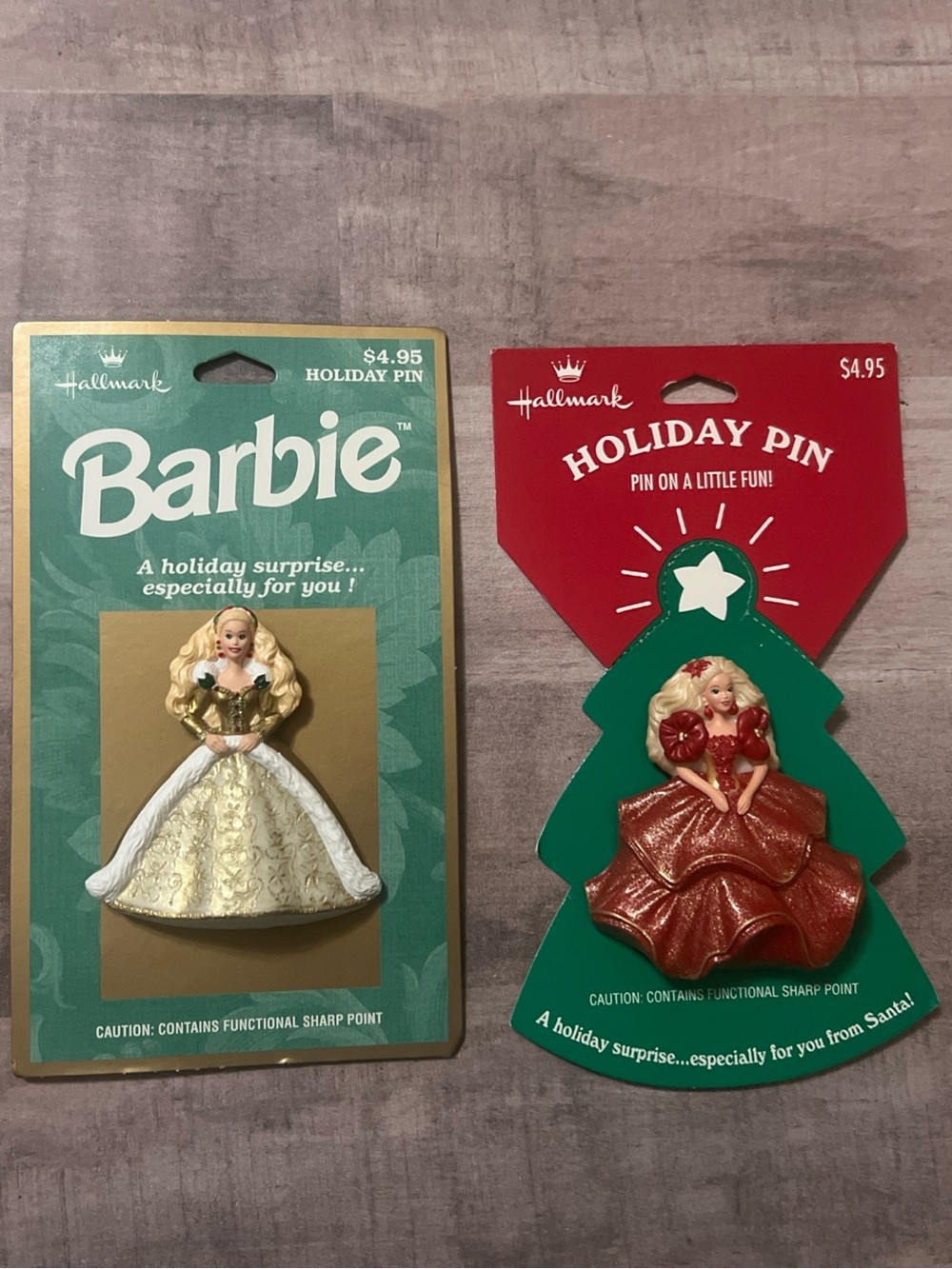Vintage 1995 and 1996- Hallmark Holiday Barbie Pins-New Christmas Barbie